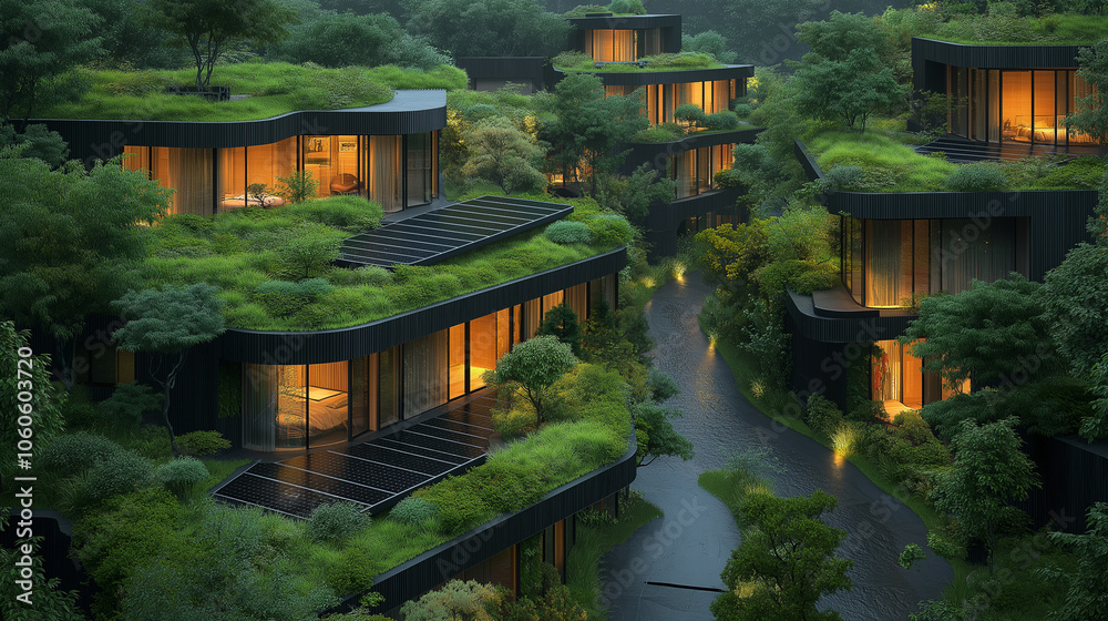 A row of houses with green roofs and windows A row of houses with green roofs and windows