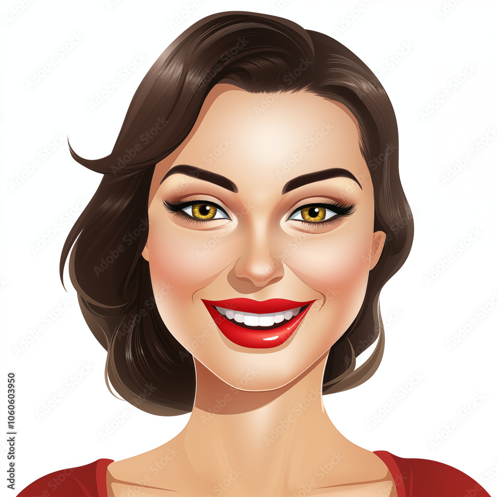 A cheerful cartoon woman with bright red lipstick and expressive eyes smiling joyfully A cheerful cartoon woman with bright red lipstick and expressive eyes smiling joyfully