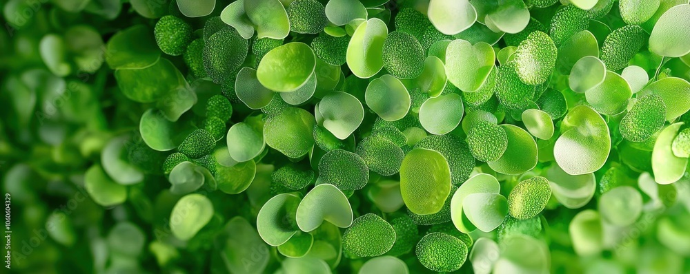 Fototapeta premium Microscopic view of moss cells, showing chloroplasts at work, vibrant green tones, representing photosynthesis and biodiversity