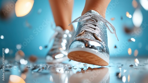 A pair of sparkling silver sneakers captured mid-step on a floor sprinkled with confetti, conveying energy, celebration, and modern fashion sensations. photo