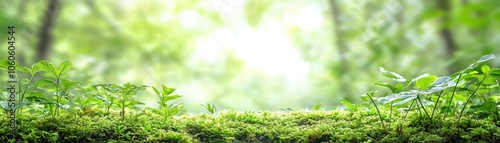 Moss growing in shaded forest area, light creating beautiful patterns, diverse species coexisting, photosynthesis in a natural setting photo