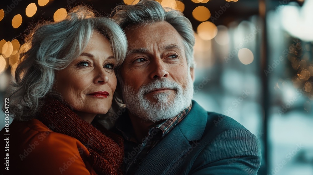 A senior couple embraces lovingly, bathed in warm, cozy lighting. Their expressions reflect deep affection and enduring partnership, enveloped in tranquility.
