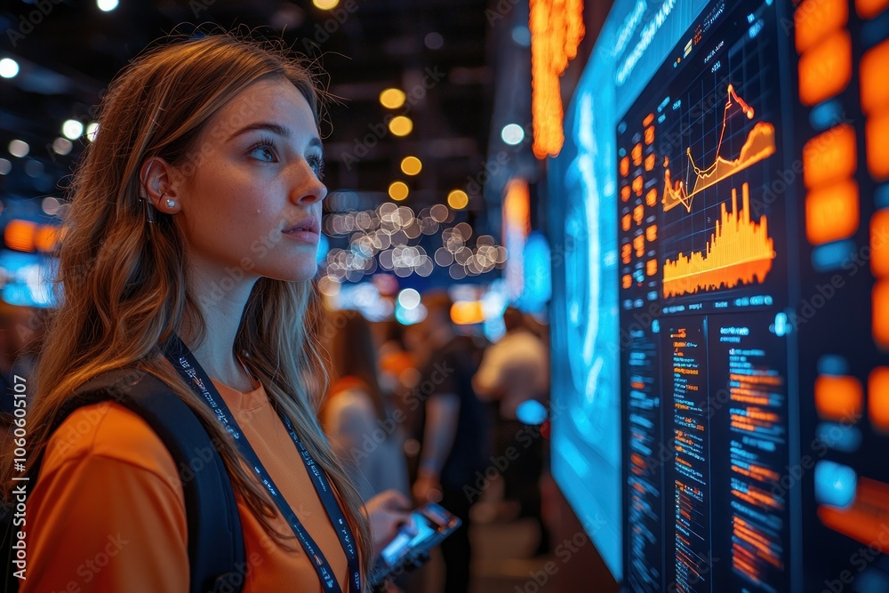 Fototapeta premium Woman Looking at Stock Market Data on a Screen at a Conference