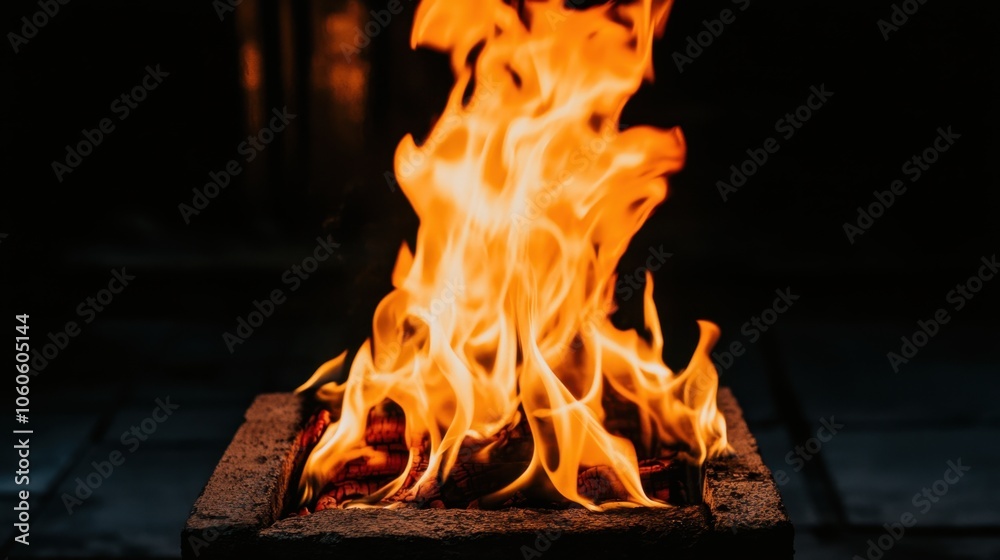 Obraz premium Captivating flames dancing in cozy outdoor fireplace at night