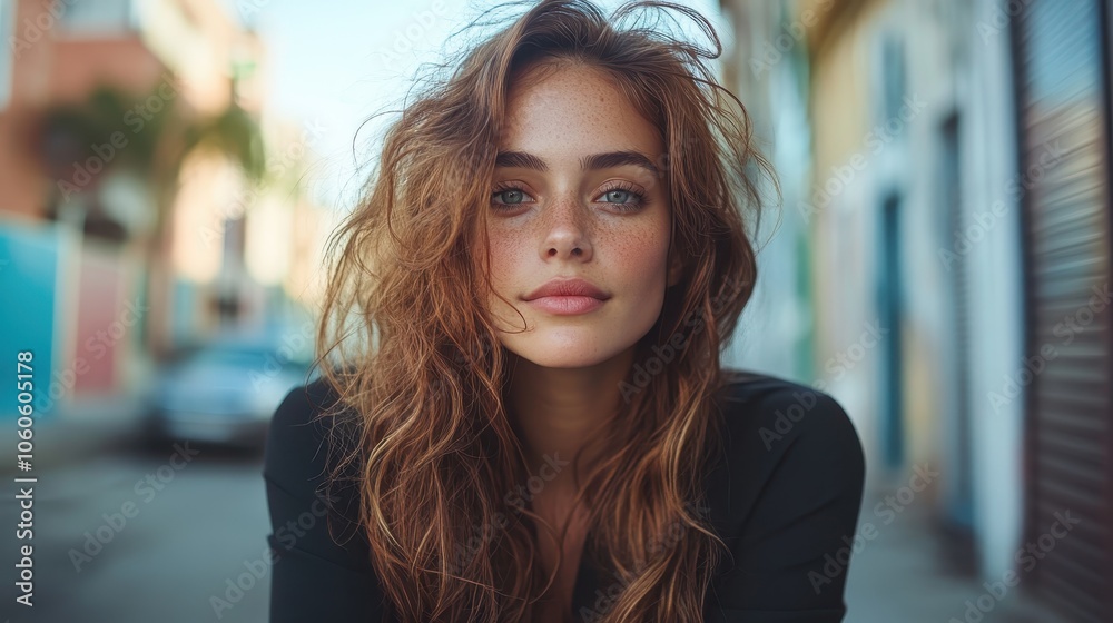 This image showcases a young woman with wavy hair and a relaxed expression, seated casually in a lively urban setting, suggesting a carefree, modern lifestyle. This image showcases a young woman with wavy hair and a relaxed expression, seated casually in a lively urban setting, suggesting a carefree, modern lifestyle.