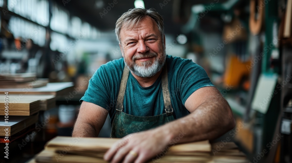 A bearded man wearing an apron smiles warmly as he works with wood in a sunlit, bustling workshop, embodying craftsmanship and dedication to his craft.