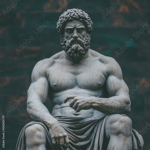 A close-up of a marble statue of a muscular, bearded man, seated with one arm resting on his knee.