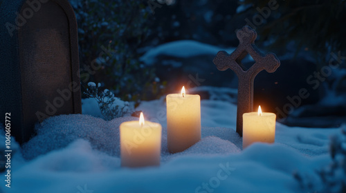 Tranquil candlelight vigil in snowy cemetery at dusk photo