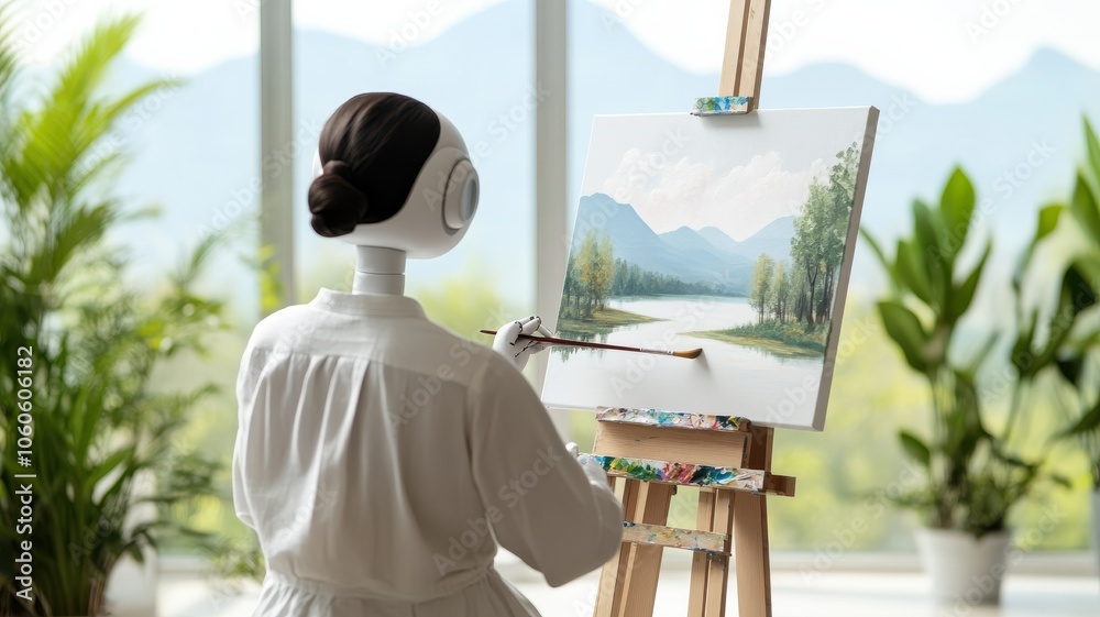 A robot artist creates a serene landscape painting in a bright studio filled with nature's beauty. A robot artist creates a serene landscape painting in a bright studio filled with nature's beauty.
