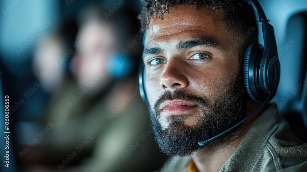 A focused man wearing a headset appears engaged in a high-tech environment, depicting a scene of communication and concentration at work. A focused man wearing a headset appears engaged in a high-tech environment, depicting a scene of communication and concentration at work.