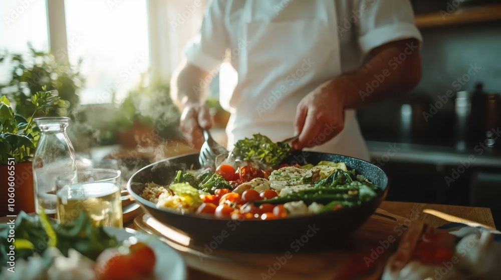 A chef skillfully prepares a colorful vegetable dish in a sunlit kitchen, capturing the essence of fresh ingredients and culinary expertise. A chef skillfully prepares a colorful vegetable dish in a sunlit kitchen, capturing the essence of fresh ingredients and culinary expertise.