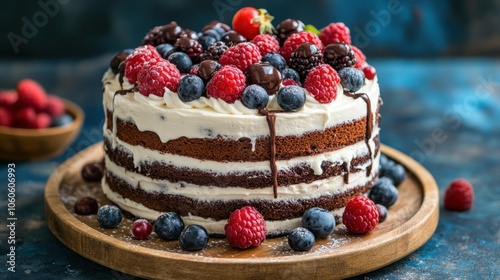 Delicious chocolate raspberry cake layers with fresh berries and creamy frosting