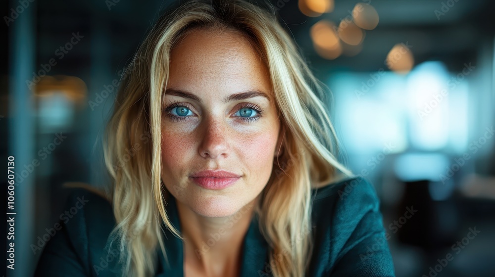 A close-up portrait of a woman with a gentle expression, wearing a green blazer, surrounded by soft, out-of-focus indoor lighting and decor details. A close-up portrait of a woman with a gentle expression, wearing a green blazer, surrounded by soft, out-of-focus indoor lighting and decor details.