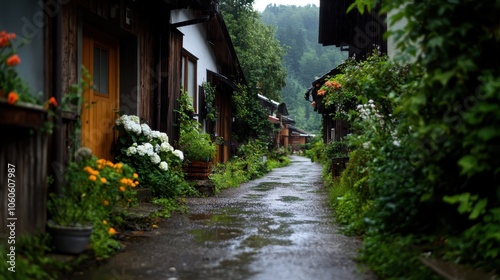 A quaint village path lined with blooming flowers during a rainy day, creating a picturesque and serene landscape that captures tranquility and rural charm.