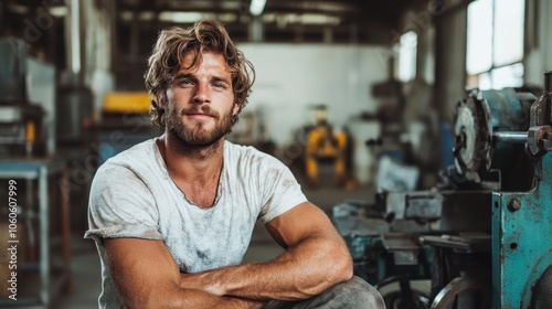 A rugged worker in a grungy industrial environment surrounded by machinery, representing hard work, dedication, and the essence of industrial labor lifestyle.