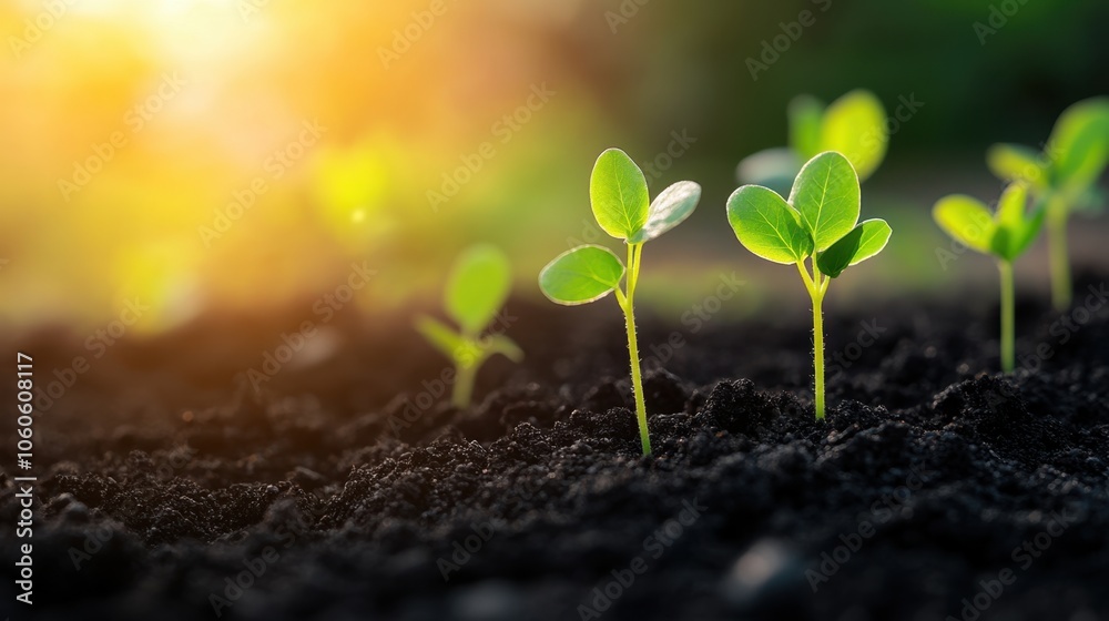 Young seedlings thrive in fertile soil under warm sunlight Young seedlings thrive in fertile soil under warm sunlight