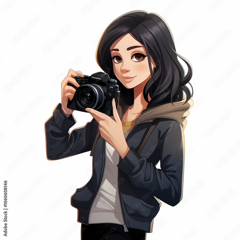 A young woman enjoys capturing moments with her camera in a casual outdoor setting A young woman enjoys capturing moments with her camera in a casual outdoor setting