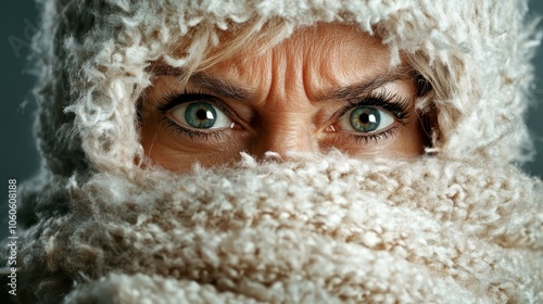 An elder person peers out with fierce determination, their eyes framed by warm, thick winter clothing, conveying resilience and warmth against harsh elements. photo