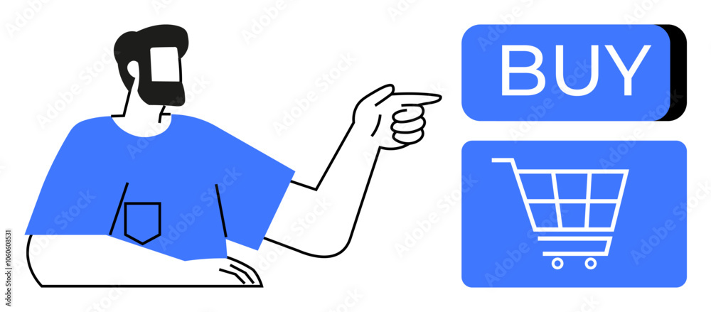Man pointing towards a Buy button with a shopping cart icon, suggesting e-commerce interaction. Ideal for online shopping, retail marketing, e-commerce platforms, digital advertisements, consumer Man pointing towards a Buy button with a shopping cart icon, suggesting e-commerce interaction. Ideal for online shopping, retail marketing, e-commerce platforms, digital advertisements, consumer