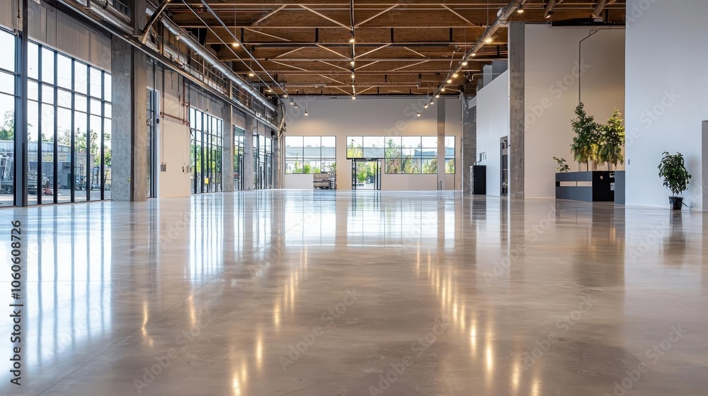 Fototapeta premium Empty warehouse with polished concrete floors and geometric ceiling beams, architectural warehouse, modern interior design