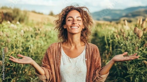 A joyful woman stands in a lush field, embracing the natural surroundings with open arms, radiating happiness and tranquility, against a backdrop of greenery and hills. photo