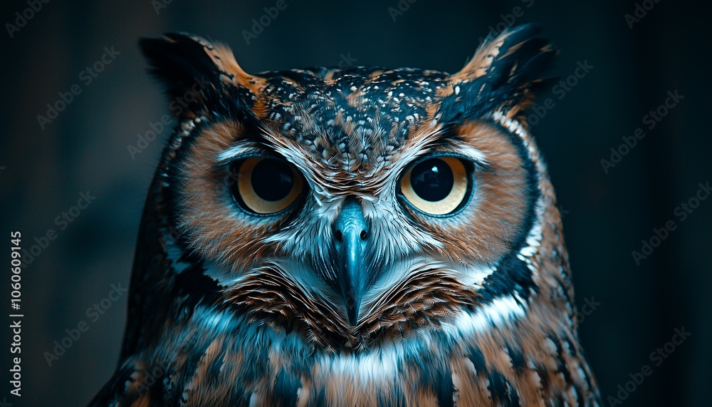 Fototapeta premium A majestic owl with striking eyes and intricate feathers, perched and alert in its natural habitat.