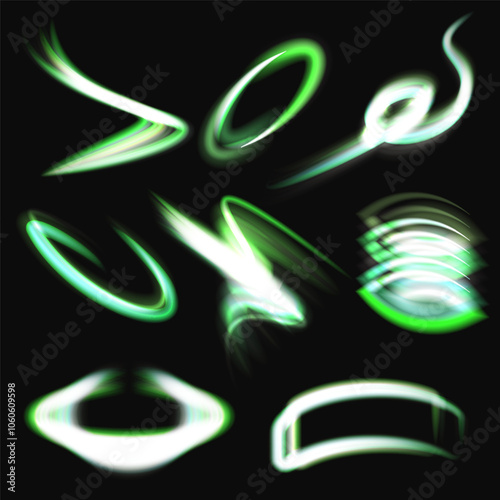 Modern abstract high speed movement of lights. Green dynamic motion on black background. Light leaks, aura, ghost shots, long exposure vibrant trails. Vector illustration