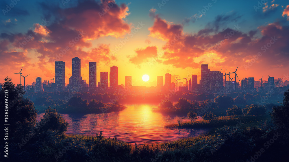 A city skyline with a large sun in the sky A city skyline with a large sun in the sky