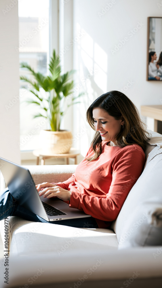 smiling woman working on a laptop her living room. smiling woman working on a laptop her living room.