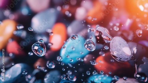 Wallpaper Mural An abstract capture of water droplets suspended in air above a background of colorful pebbles, creating a playful and vibrant interaction of elements and motion. Torontodigital.ca