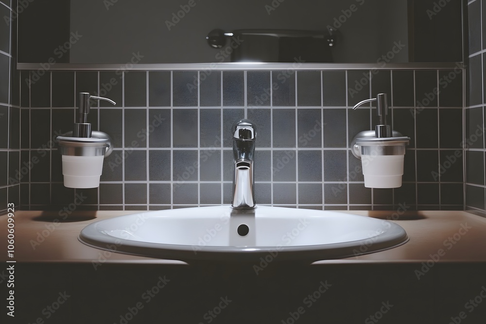 Fototapeta premium Lifestyle photo of a small, minimalist bathroom with only a sink, mirror, and natural lighting creating a clean look, 4k resolution