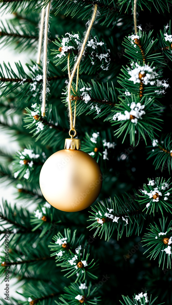 Fototapeta premium frosted evergreen branch with a shiny gold ornament