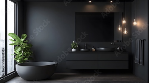 Portrait photo of a minimalist bathroom with dark tones, a sleek vanity, and simple fixtures, creating a modern vibe, 4k resolution