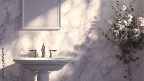 Portrait photo of a clean, minimalist bathroom with marble walls, a standalone sink, and silver fixtures, adding elegance to the space, 4k resolution photo