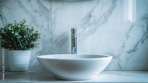 Portrait photo of a clean, minimalist bathroom with marble walls, a standalone sink, and silver fixtures, adding elegance to the space, 4k resolution photo