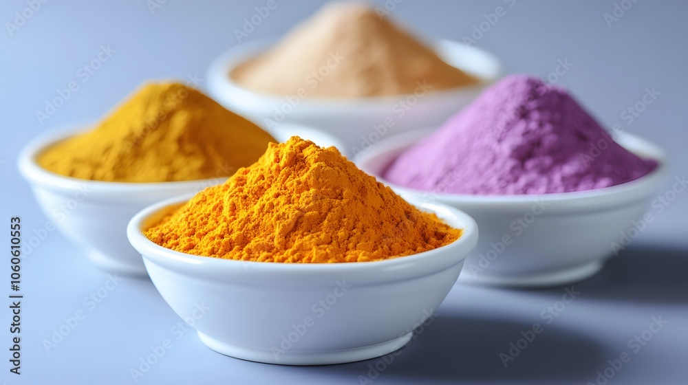 Colorful powder pigments in white ceramic bowls featuring vibrant yellow turmeric, pink, purple, and blue hues with macro photography and studio lighting. Colorful powder pigments in white ceramic bowls featuring vibrant yellow turmeric, pink, purple, and blue hues with macro photography and studio lighting.
