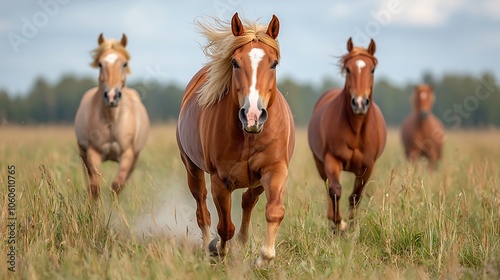 Horses gallop across the open field showcasing their grace and strength in nature's beauty