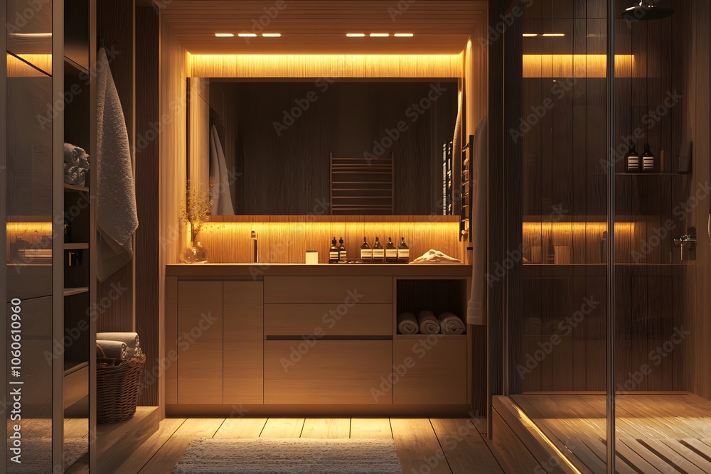 Candid photo of a family bathroom with ample storage, soft lighting, and practical design, providing a warm and functional space, 4k resolution Candid photo of a family bathroom with ample storage, soft lighting, and practical design, providing a warm and functional space, 4k resolution