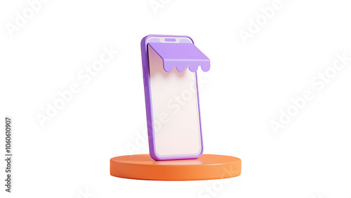 Purple and shop themed smartphone on orange podium.