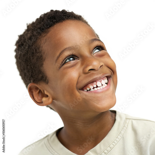 Close-up portrait of a joyful young boy with dimples, isolated on transparent background