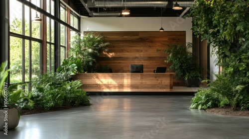 A stylish reception area with a wooden desk, filled with lush green plants and ample natural light, creating an inviting and refreshing space for visitors. photo