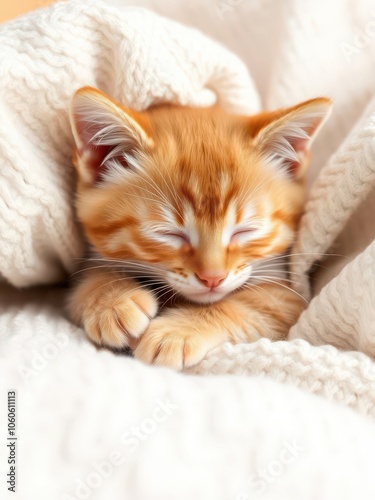 A cute ginger kitten peacefully sleeping on a soft blanket, ginger kitten