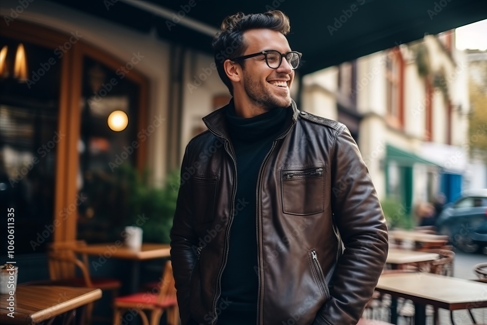 Portrait of a handsome young man wearing glasses and a leather jacket, standing in a cafe. Portrait of a handsome young man wearing glasses and a leather jacket, standing in a cafe.