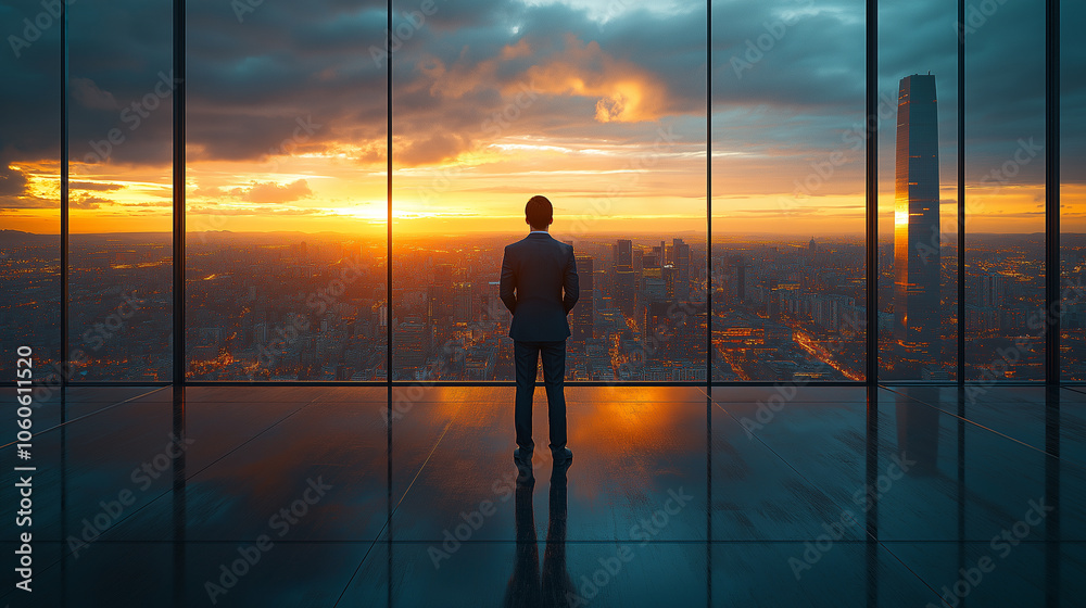 A man stands in front of a window looking out at the city A man stands in front of a window looking out at the city