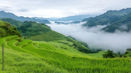 Lush green terraced rice fields embrace majestic mountain landscape under misty clouds