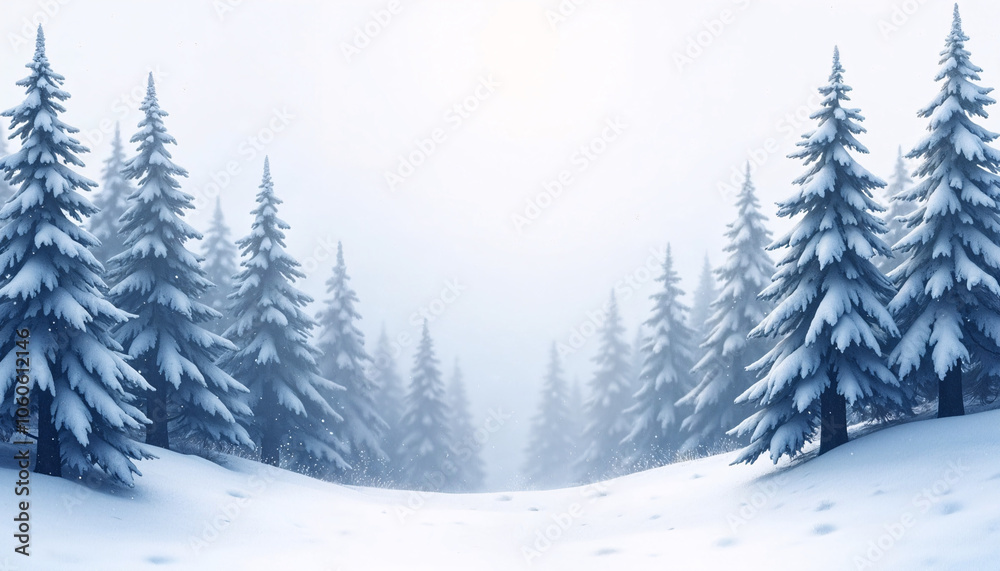Fototapeta premium Snow-covered forest with tall evergreen trees in a foggy winter landscape