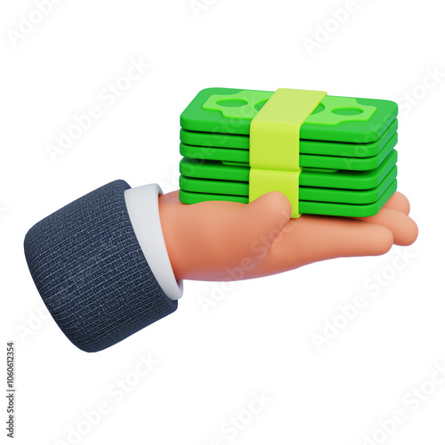 Hand holding stack of currency banknotes isolated on white background. Money investment and business commerce. 3D Render illustration