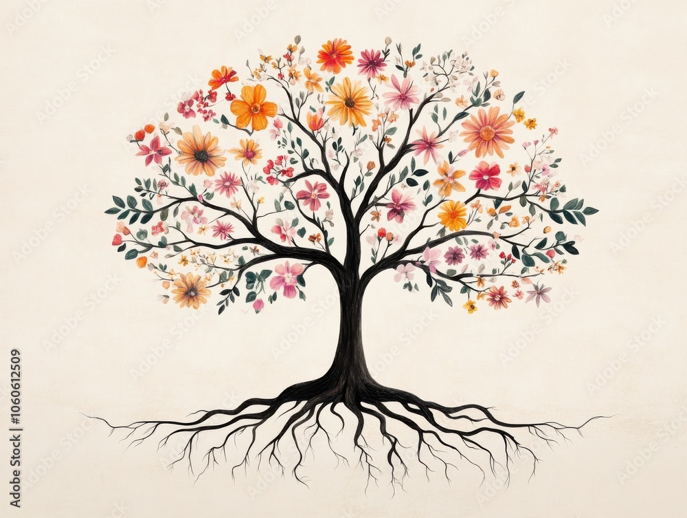 Obraz premium A vibrant tree adorned with colorful flowers, symbolizing growth, harmony, and natural beauty in a serene setting.