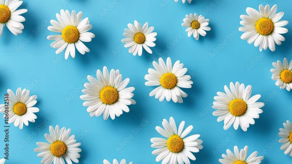Daisies gently gliding rightward against a bright blue background Daisies gently gliding rightward against a bright blue background