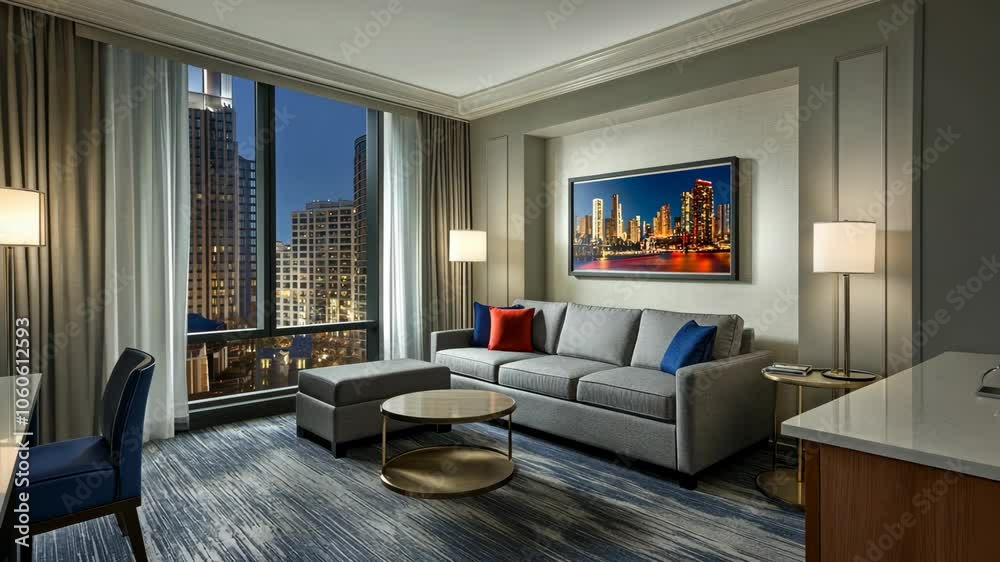 A modern hotel suite with a large window overlooking a cityscape at night A modern hotel suite with a large window overlooking a cityscape at night